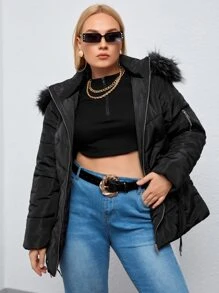 SHEIN Essnce Áo khoác trùm đầu có đệm lông cỡ lớn - màu đen - Xem 4