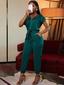 Zolique 拉錬連帽腰部抽繩連身褲 - 墨綠色 - 查看 5