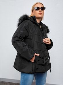 SHEIN Essnce Áo khoác trùm đầu có đệm lông cỡ lớn - màu đen - Xem 5