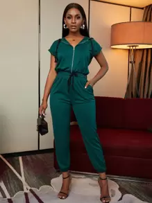 Zolique 拉錬連帽腰部抽繩連身褲 - 墨綠色 - 查看 7