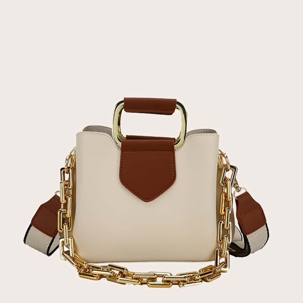 

Chain Decor Two Tone Bucket Bag, Beige