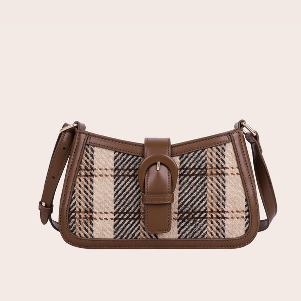 

Buckle Detail Plaid Pattern Baguette Bag, Multicolor