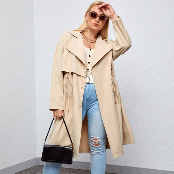 

Plus Lapel Neck Drawstring Waist Trench Coat, Khaki