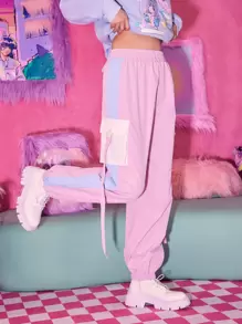 ROMWE Kawaii Tape Stripe Side Cargo Pants - Pink - View 1
