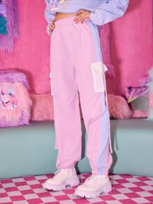 ROMWE Kawaii Tape Stripe Side Cargo Pants - Pink - View 2