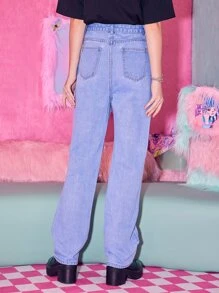 ROMWE Anime Solid Ripped Straight Leg Jeans - Light Wash - View 2