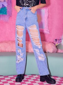 ROMWE Anime Solid Ripped Straight Leg Jeans - Light Wash - View 1
