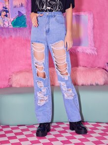 ROMWE Anime Solid Ripped Straight Leg Jeans - Light Wash - View 5