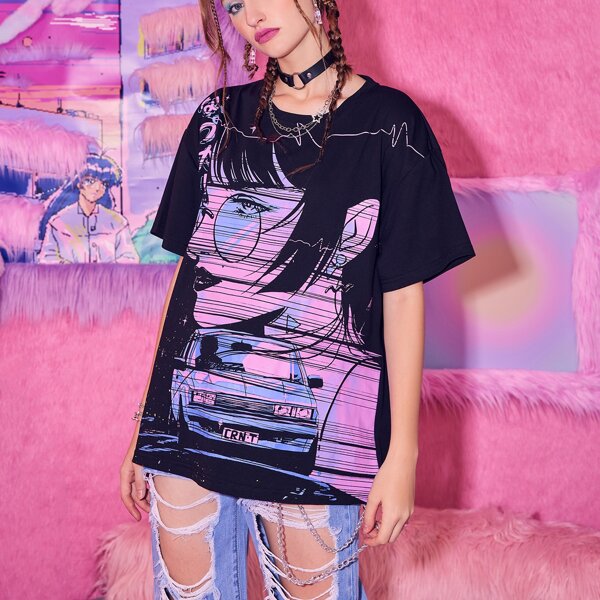 

Animeluv Figure & Car Graphic Oversized Tee, Black