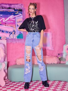 ROMWE Anime Solid Ripped Straight Leg Jeans - Light Wash - View 6