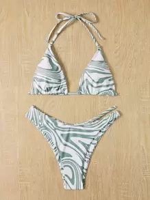 SHEIN Swim 2025 度假海滩花卉印花随机比基尼套装夏季 - 軍綠色 - 查看 3