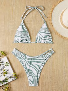 SHEIN Swim 2025 度假海滩花卉印花随机比基尼套装夏季 - 軍綠色 - 查看 5
