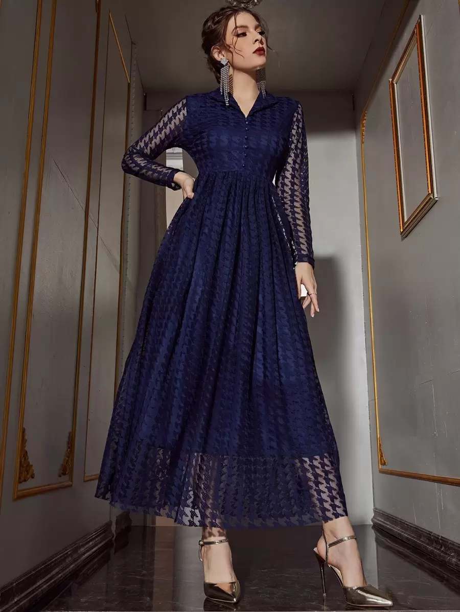 SHEIN Belle Houndstooth Pattern Single Breasted Lace Dress Maxi Women Outfit - Navy Blue - View 1
