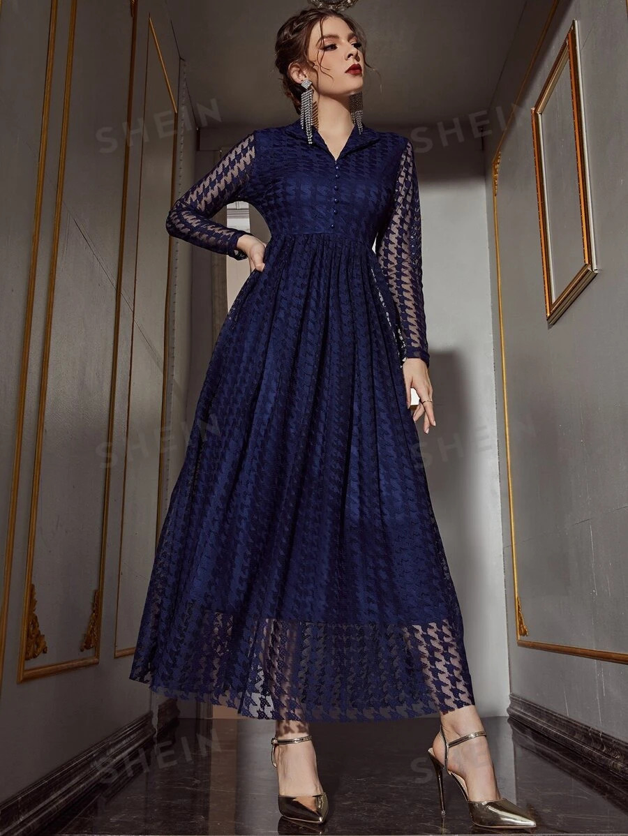 SHEIN Belle Vestido largo de encaje de mujer de una sola hilera con estampado de pata de gallo - Azul Marino - Ver 1