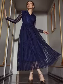 SHEIN Belle Houndstooth Pattern Single Breasted Lace Dress Maxi Women Outfit - Navy Blue - View 3