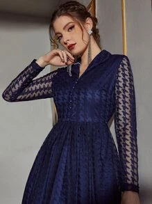 SHEIN Belle Houndstooth Pattern Single Breasted Lace Dress Maxi Women Outfit - Navy Blue - View 4