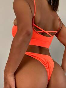 Ring Linked High Cut Bikini Set, For Summer Beach Vacation - Orange - View 2