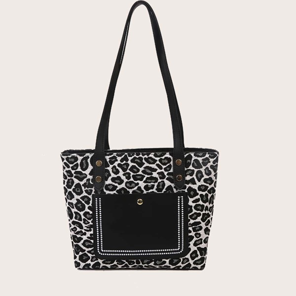 

Leopard Pattern Doll Decor Shoulder Tote Bag With Clutch Bag, Black