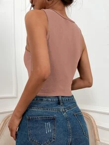 SHEIN LUNE Solid Rib Knit Tank Top - Dusty Pink - View 2