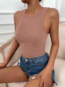 SHEIN LUNE Solid Rib Knit Tank Top - Dusty Pink - View 4