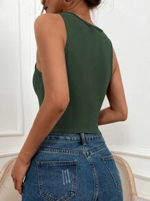 SHEIN LUNE Solid Rib Knit Tank Top - Dark Green - View 2