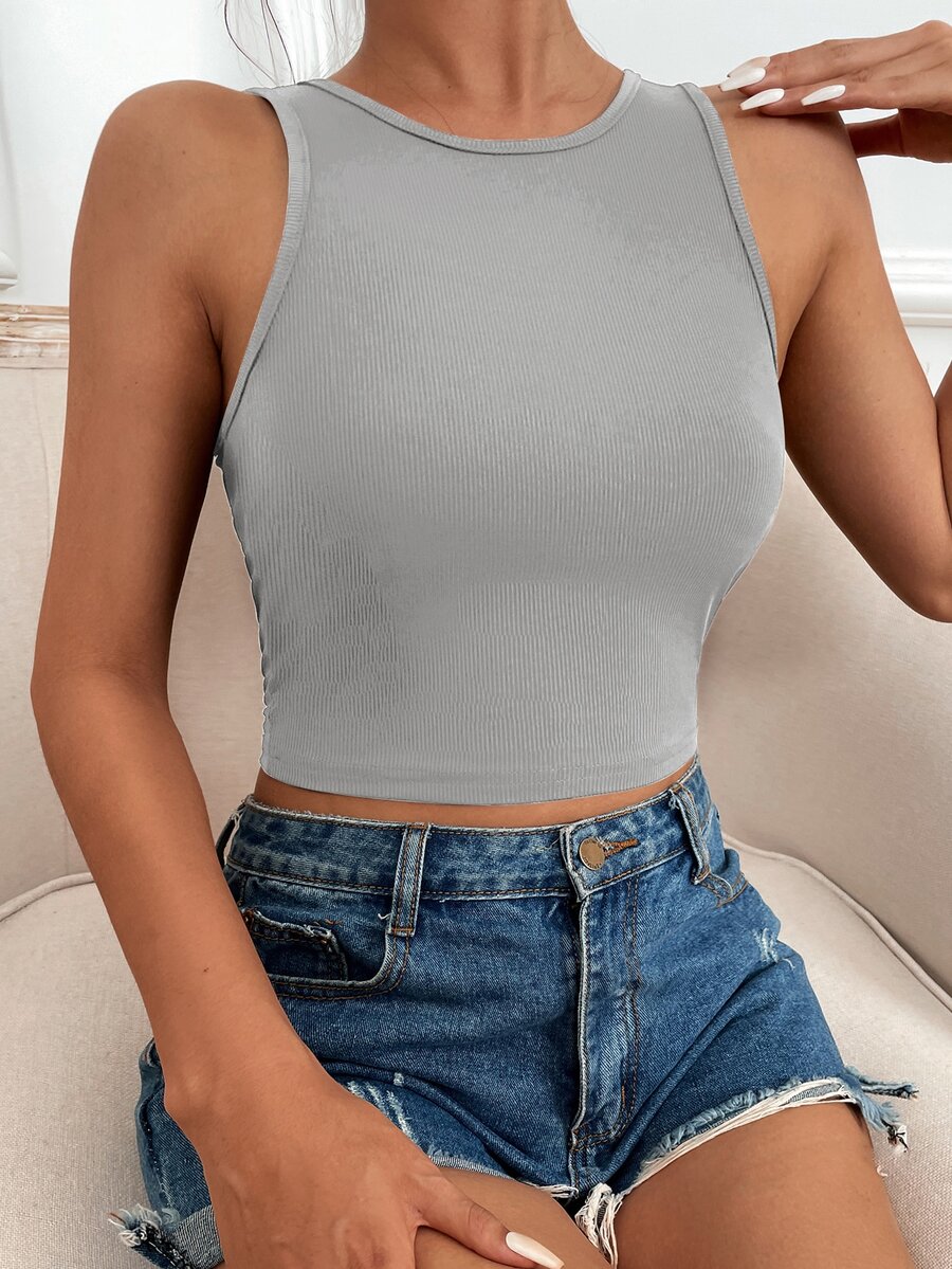 SHEIN LUNE Solid Rib Knit Tank Top - Light Grey - View 1