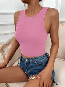 SHEIN LUNE Solid Rib Knit Tank Top - Pink - View 4