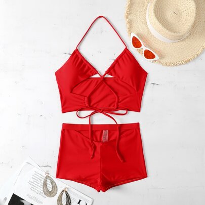 Lace Up Halter Bikini Swimsuit