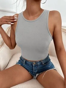 SHEIN LUNE Solid Rib Knit Tank Top - Light Grey - View 3