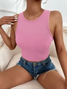 SHEIN LUNE Solid Rib Knit Tank Top - Pink - View 6