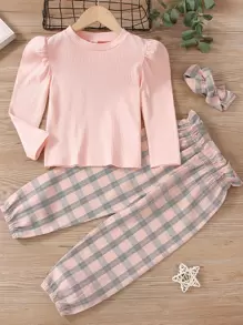 SHEIN 少女泡泡袖t恤和格子褲 - 彩色 - 查看 1