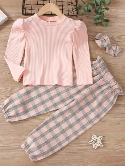 SHEIN 少女泡泡袖t恤和格子褲