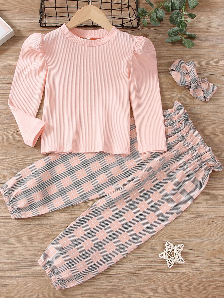 SHEIN 少女泡泡袖t恤和格子褲 - 彩色 - 查看 1