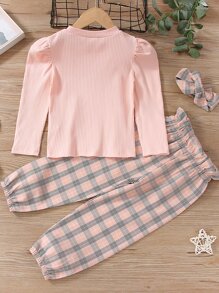 SHEIN 少女泡泡袖t恤和格子褲 - 彩色 - 查看 2