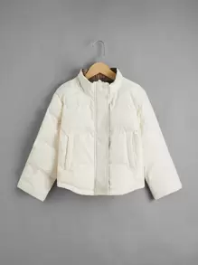 SHEIN Tween Girl Drop Shoulder Slant Pocket Padded Coat - Beige - View 1