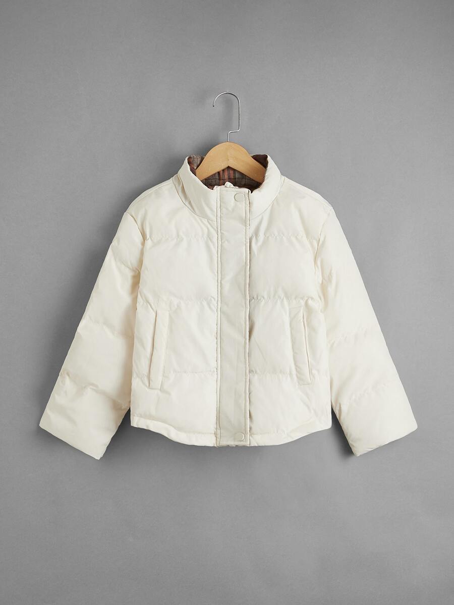SHEIN Tween Girl Drop Shoulder Slant Pocket Padded Coat - Beige - View 1