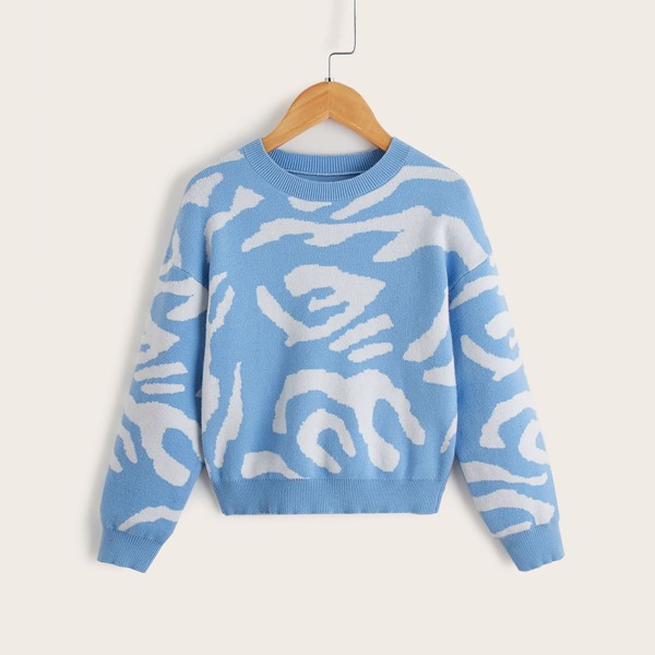 

Girls Drop Shoulder All Over Pattern Sweater, Blue and white