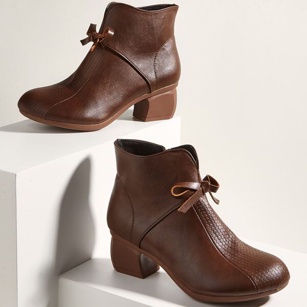 

Bow Decor Chunky Side Zipper Classic Boots, Brown
