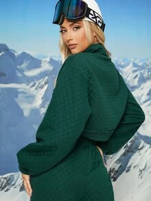 SHEIN EZwear Half Zip High Low Crop Sweatshirt - Dark Green - View 2