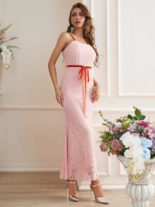 SHEIN Belle Tie Front Mermaid Hem Lace Dress - Baby Pink - View 1