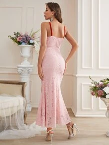 SHEIN Belle Tie Front Mermaid Hem Lace Dress - Baby Pink - View 2