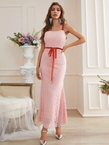 SHEIN Belle Tie Front Mermaid Hem Lace Dress - Baby Pink - View 3