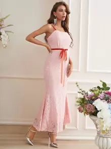 SHEIN Belle Tie Front Mermaid Hem Lace Dress - Baby Pink - View 5