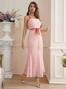 SHEIN Belle Tie Front Mermaid Hem Lace Dress - Baby Pink - View 6