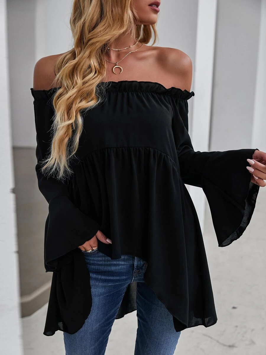 Chiquease Off-Shoulder Flounce Sleeve High Low Blouse Peplum Top Fall Cloth For Women - Black - View 1