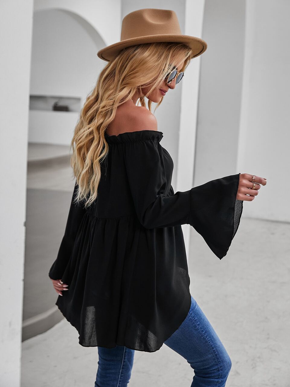 Off-Shoulder Flounce Sleeve High Low Blouse Peplum Top Fall Cloth For Women