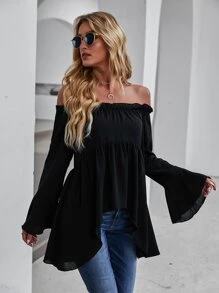 Chiquease Off-Shoulder Flounce Sleeve High Low Blouse Peplum Top Fall Cloth For Women - Black - View 3