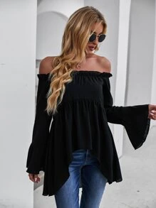 Chiquease Off-Shoulder Flounce Sleeve High Low Blouse Peplum Top Fall Cloth For Women - Black - View 4