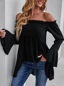 Chiquease Off-Shoulder Flounce Sleeve High Low Blouse Peplum Top Fall Cloth For Women - Black - View 5
