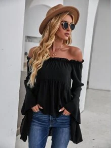 Chiquease Off-Shoulder Flounce Sleeve High Low Blouse Peplum Top Fall Cloth For Women - Black - View 7